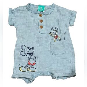 Disney Baby Mickey Mouse & Pluto Light Blue Muslin Romper Size 0-3M